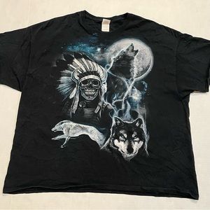 VTG 90s Native American Indian Skeleton Skull Howling Wolf Gildan TShirt Sz 3XL